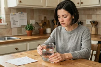 Femme calculant mentalement une conversion de centilitres en litres avec un verre doseur dans une cuisine chaleureuse