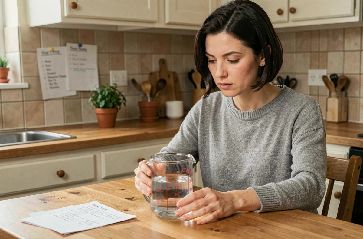 Femme calculant mentalement une conversion de centilitres en litres avec un verre doseur dans une cuisine chaleureuse