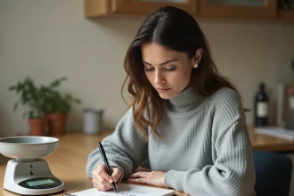 Femme écrivant une formule de conversion kilogrammes en tonnes dans un carnet sur un bureau en bois avec une balance numérique