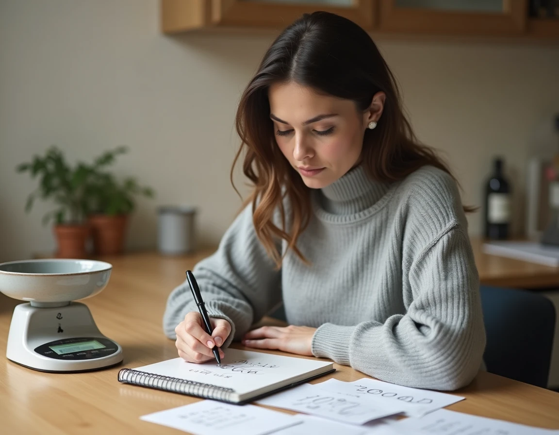 Femme écrivant une formule de conversion kilogrammes en tonnes dans un carnet sur un bureau en bois avec une balance numérique