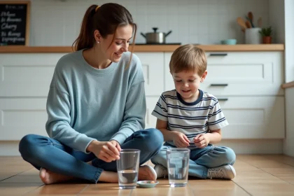 Femme expliquant la conversion de millilitres à un enfant avec des verres doseurs dans une cuisine familiale