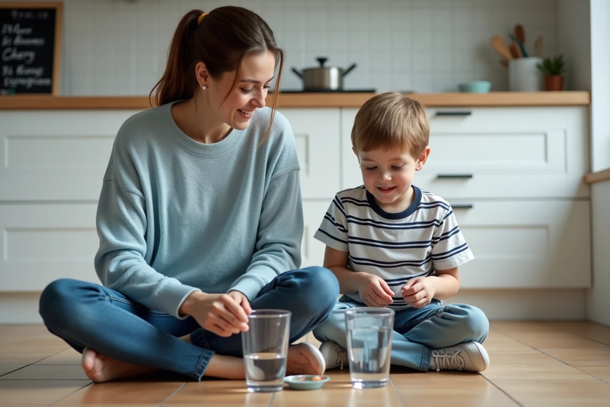 Femme expliquant la conversion de millilitres à un enfant avec des verres doseurs dans une cuisine familiale