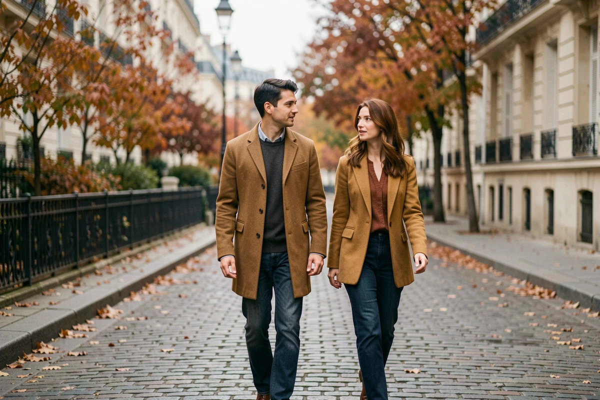 Un homme et une femme marchant ensemble dans une rue parisienne en automne, alimentant les rumeurs sur la vie de couple de Yoann Usai
