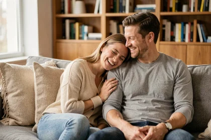 Couple complice assis sur un canapé, partageant un moment de complicité et de tendresse dans un salon contemporain