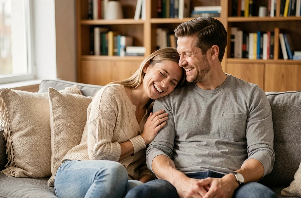 Couple complice assis sur un canapé, partageant un moment de complicité et de tendresse dans un salon contemporain