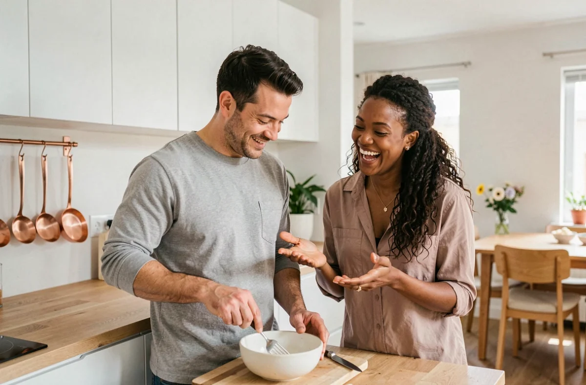 Couple diversifié cuisinant ensemble dans une cuisine moderne, partageant un moment de légèreté et de complicité quotidienne
