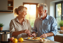 Couple d'adultes souriants préparant le petit déjeuner dans une cuisine lumineuse
