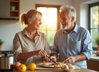 Comment garder l’amour frais même après 12 ans de mariage ? Couple d'adultes souriants préparant le petit déjeuner dans une cuisine lumineuse