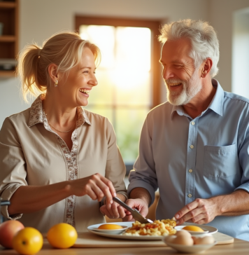 Couple d'adultes souriants préparant le petit déjeuner dans une cuisine lumineuse