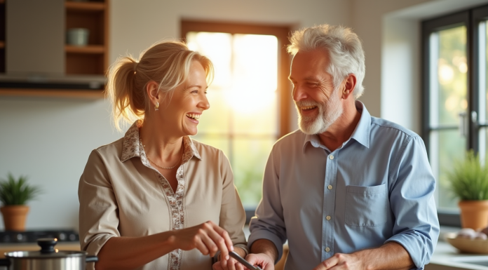 Couple d'adultes souriants préparant le petit déjeuner dans une cuisine lumineuse