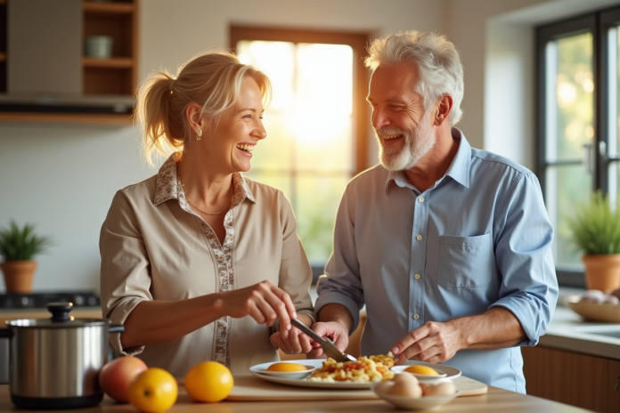Couple d'adultes souriants préparant le petit déjeuner dans une cuisine lumineuse