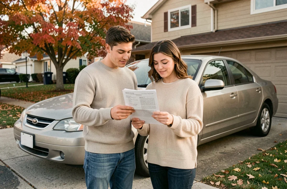 Jeune couple examinant des documents d'assurance devant leur voiture d'occasion garée dans l'allée de leur maison