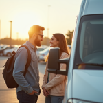 Jeune couple examinant une camionnette blanche d'occasion