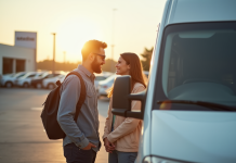 Jeune couple examinant une camionnette blanche d'occasion