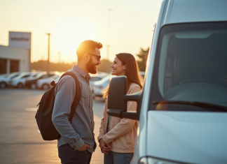 Jeune couple examinant une camionnette blanche d'occasion