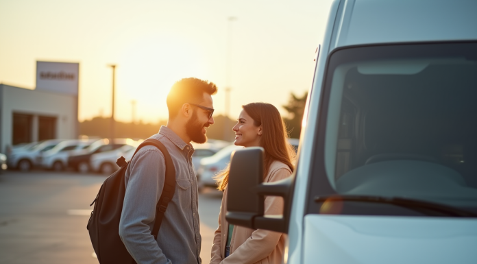 Jeune couple examinant une camionnette blanche d'occasion