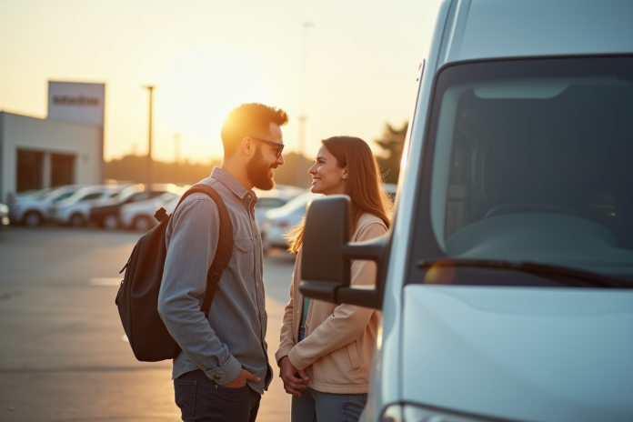 Jeune couple examinant une camionnette blanche d'occasion