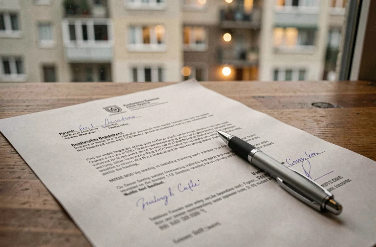 Courrier officiel de mise en demeure pour tapage nocturne posé sur une table dans une copropriété