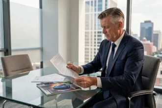 Courtier en assurance analysant des documents de prime pour une voiture puissante dans un bureau moderne