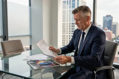 Courtier en assurance analysant des documents de prime pour une voiture puissante dans un bureau moderne