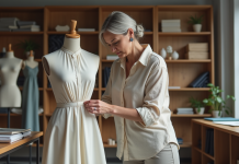 Créatrice de mode femme ajustant un vêtement en studio