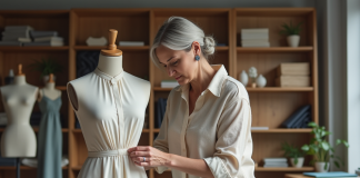 Créatrice de mode femme ajustant un vêtement en studio