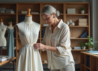 Créatrice de mode femme ajustant un vêtement en studio