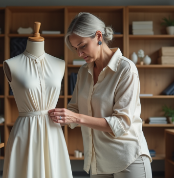 Créatrice de mode femme ajustant un vêtement en studio