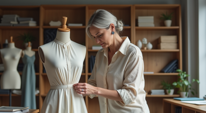 Créatrice de mode femme ajustant un vêtement en studio