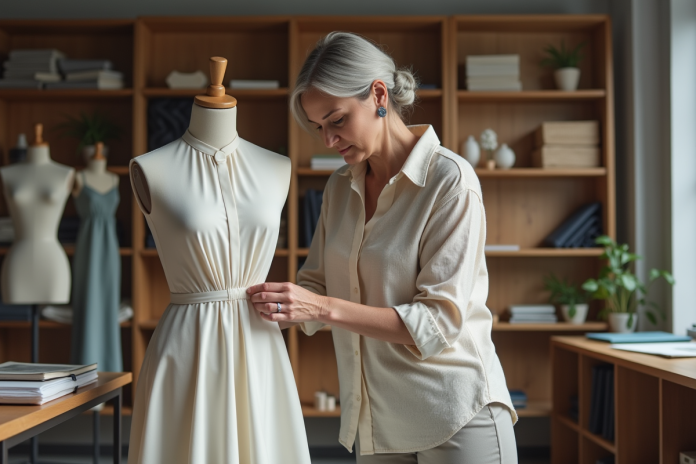 Créatrice de mode femme ajustant un vêtement en studio