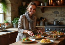 Femme souriante en cuisine rustique française avec plats