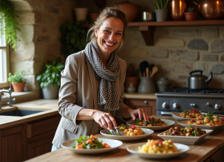 Pérégrination gustative à travers les régions françaises avec La Belle Assiette blog Femme souriante en cuisine rustique française avec plats