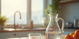 Scène de cuisine avec verre mesureur lumineux et naturel