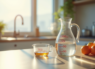 Scène de cuisine avec verre mesureur lumineux et naturel
