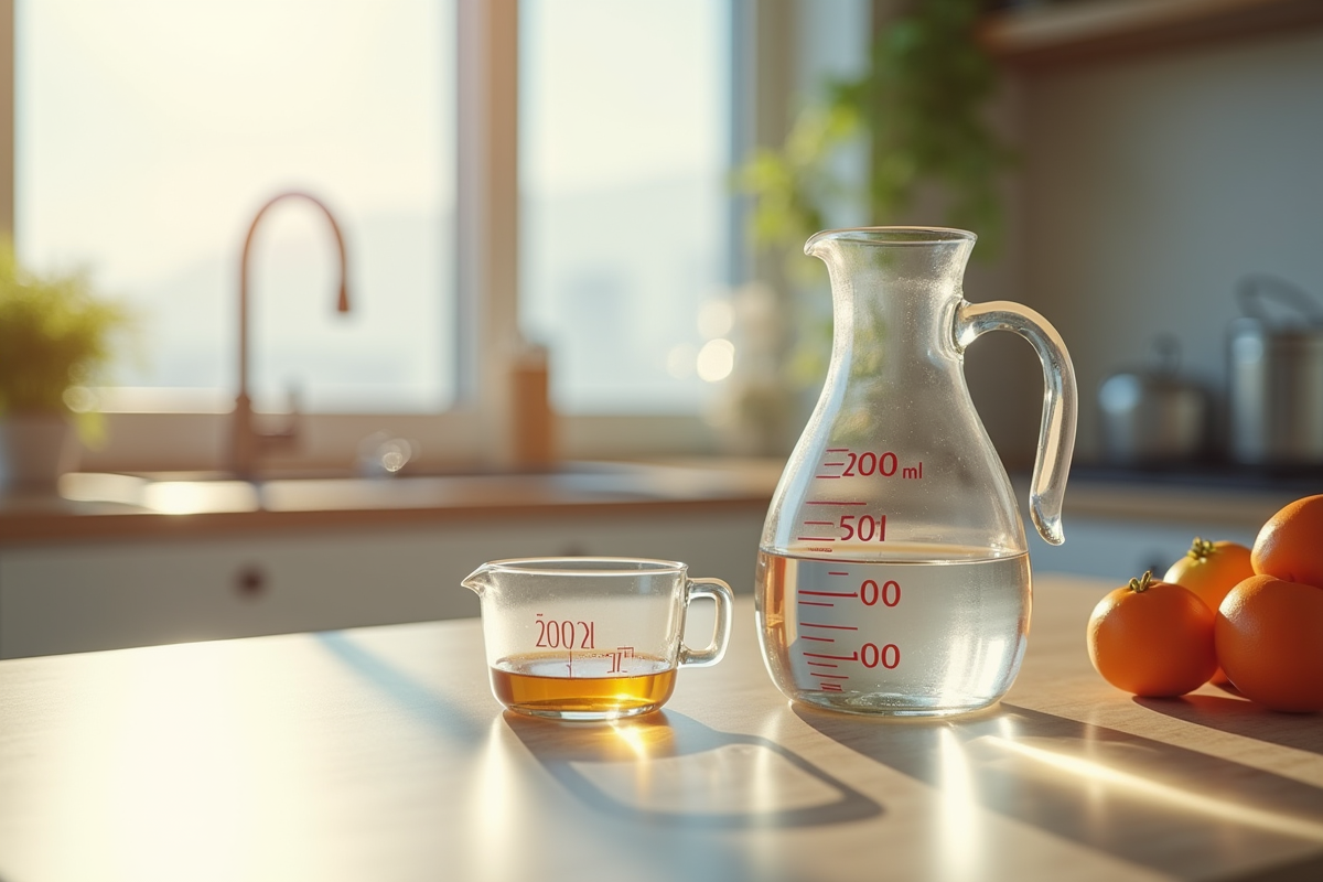 Scène de cuisine avec verre mesureur lumineux et naturel