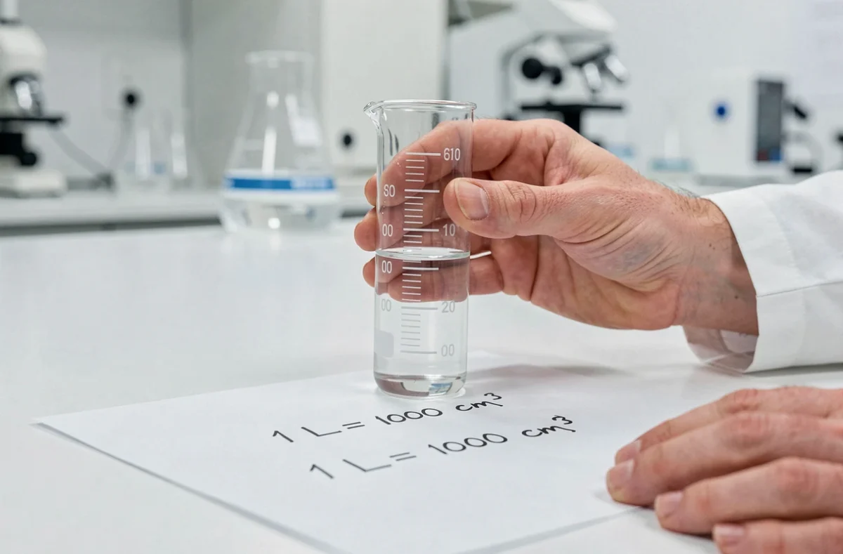 Mains tenant un cylindre gradué avec des notes manuscrites sur la conversion cm cube en litre posées sur un plan de travail de laboratoire