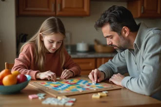 Homme et adolescente jouent à Scrabble à la cuisine