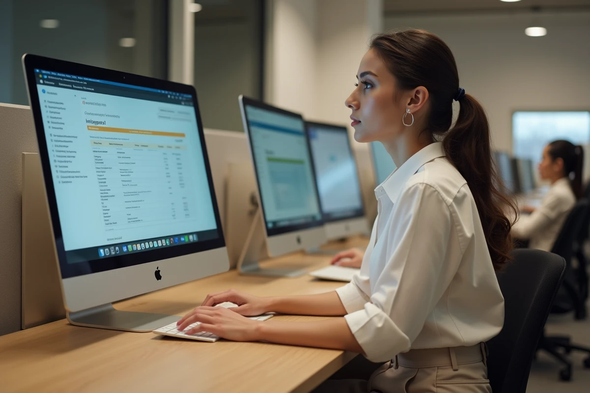 Jeune femme réalisant les démarches de désinscription France Travail étape par étape sur un ordinateur de bureau en espace de coworking