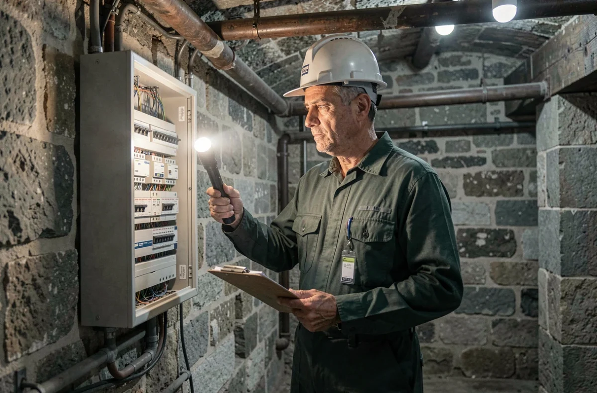 Technicien Depanneo Arras inspectant un tableau électrique dans une cave en pierre à Arras