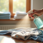 Personne désinfectant un vêtement d'occasion avec spray sur une table en bois