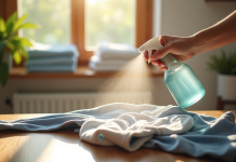 Personne désinfectant un vêtement d'occasion avec spray sur une table en bois
