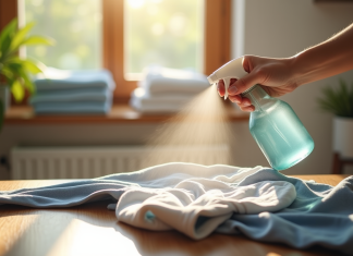 Personne désinfectant un vêtement d'occasion avec spray sur une table en bois