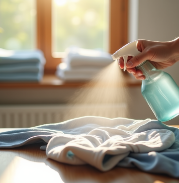 Personne désinfectant un vêtement d'occasion avec spray sur une table en bois