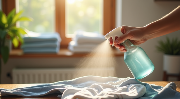 Personne désinfectant un vêtement d'occasion avec spray sur une table en bois