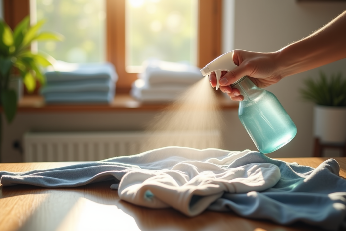 Personne désinfectant un vêtement d'occasion avec spray sur une table en bois