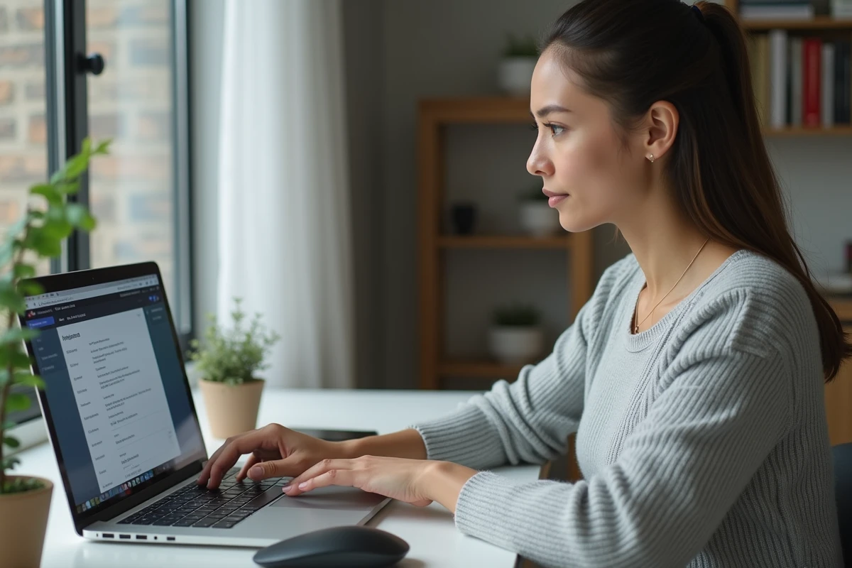 Femme effectuant sa désinscription France Travail depuis son espace personnel sur un ordinateur portable à domicile