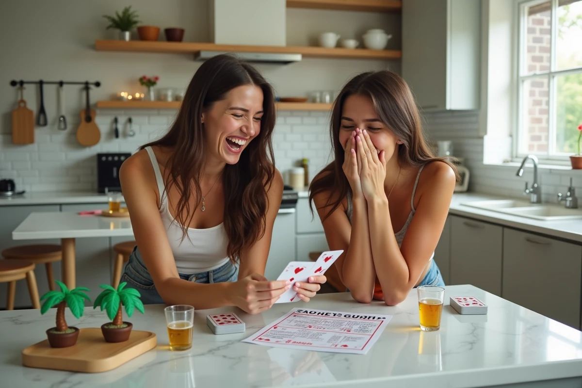 Deux amies en train de jouer au jeu du palmier avec des cartes et des verres à shots sur un comptoir de cuisine lors d'une soirée