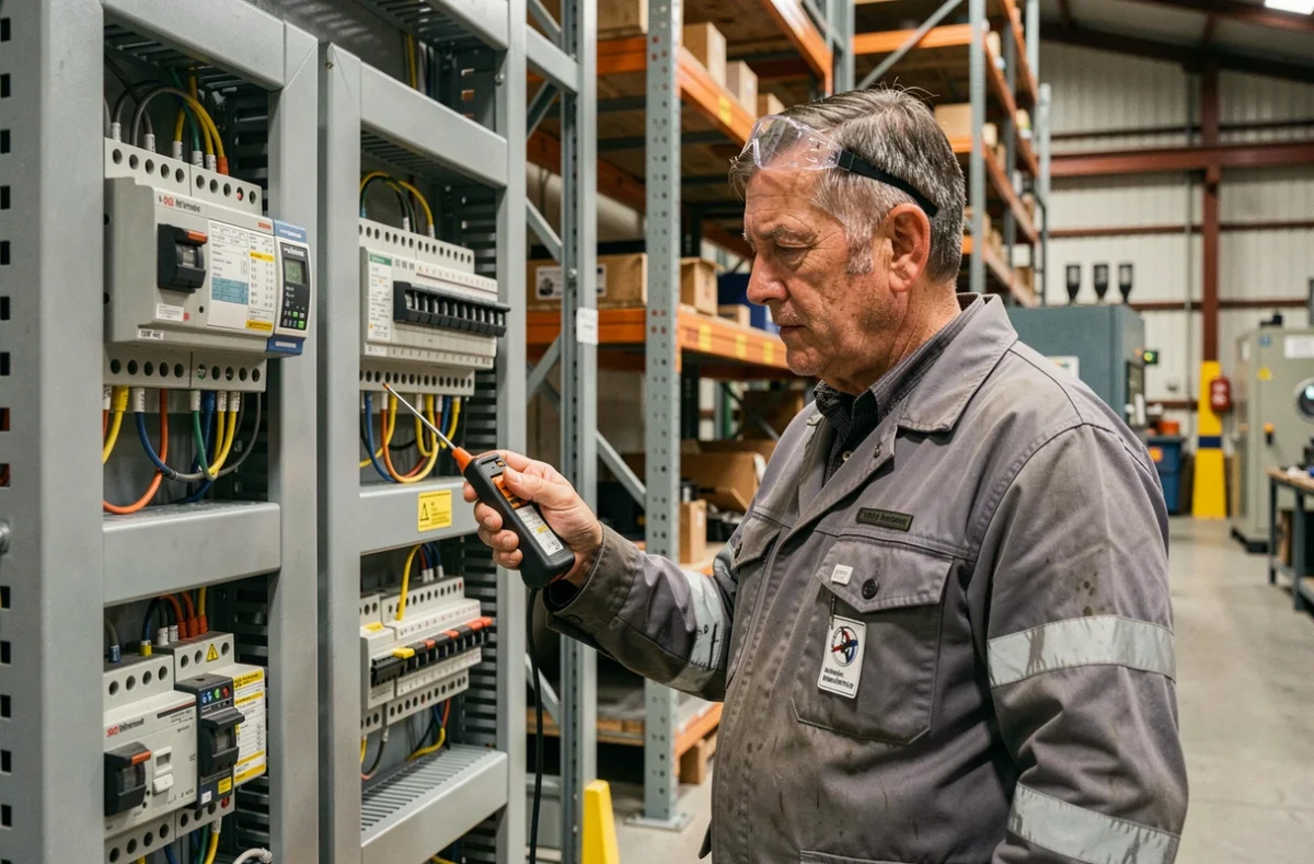 Francis Dhieux de D.F.E.G inspecte un tableau de distribution électrique dans un atelier industriel