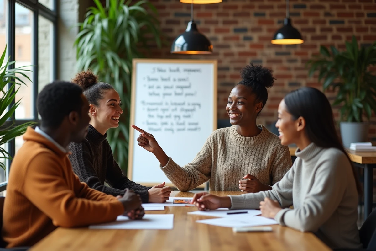 Groupe de collègues en réunion collaborative autour d'un tableau blanc avec des notes inspirantes, symbolisant la confiance collective et la réussite en équipe