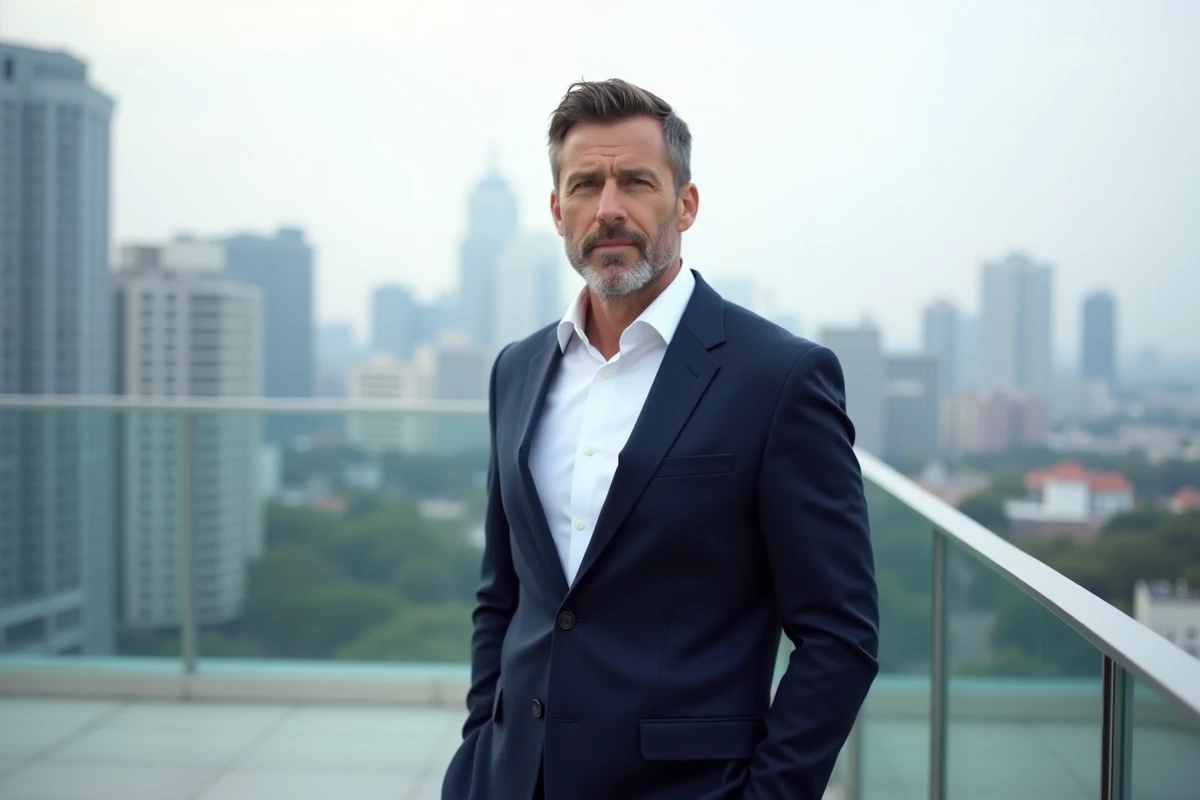 Homme d'affaires confiant debout sur une terrasse urbaine, illustrant la réussite professionnelle et la force des convictions positives